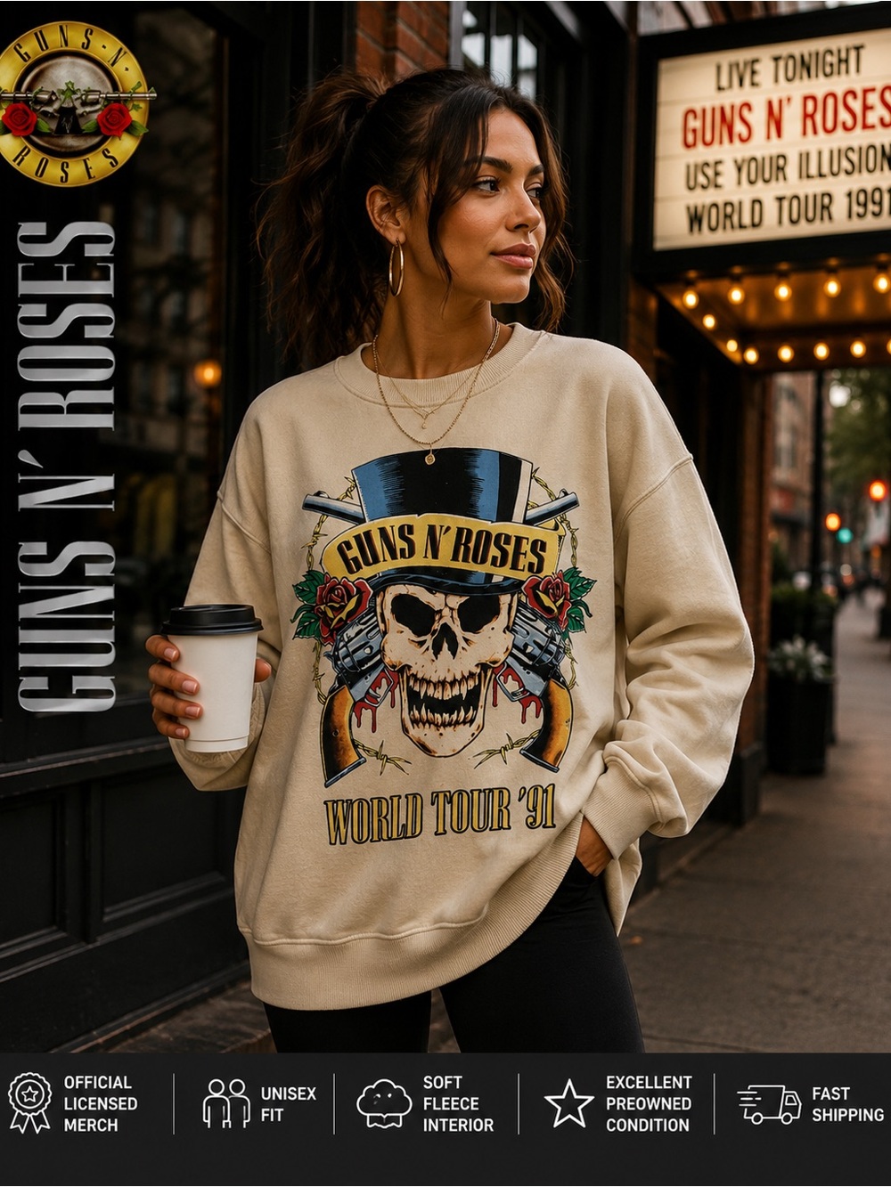Guns N’ Roses Licensed Use Your Illusion Tour 1991 Graphic Sweatshirt Size Large